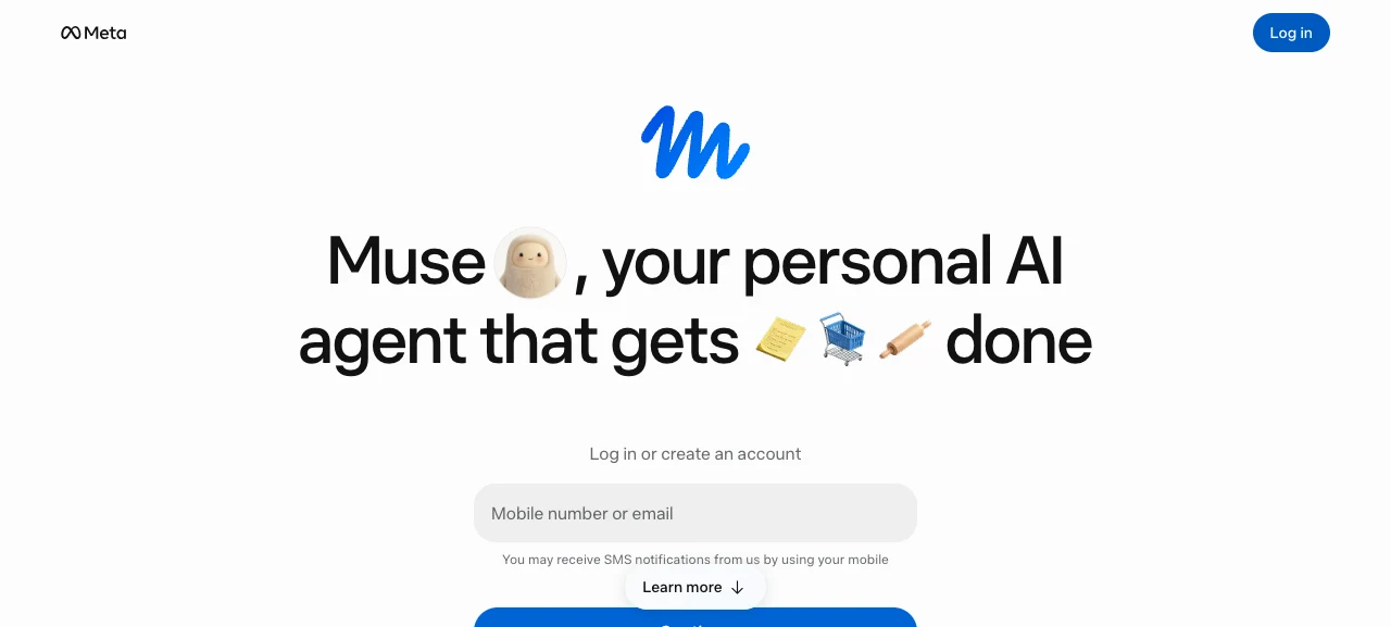 Meta Muse 是什麼?會替你結帳的個人 AI 代理,美國先行推出 4 muse.ai 官方頁面,標題寫著 Muse your personal AI agent that gets things done,畫面提供手機號碼或電子郵件的登入註冊表單