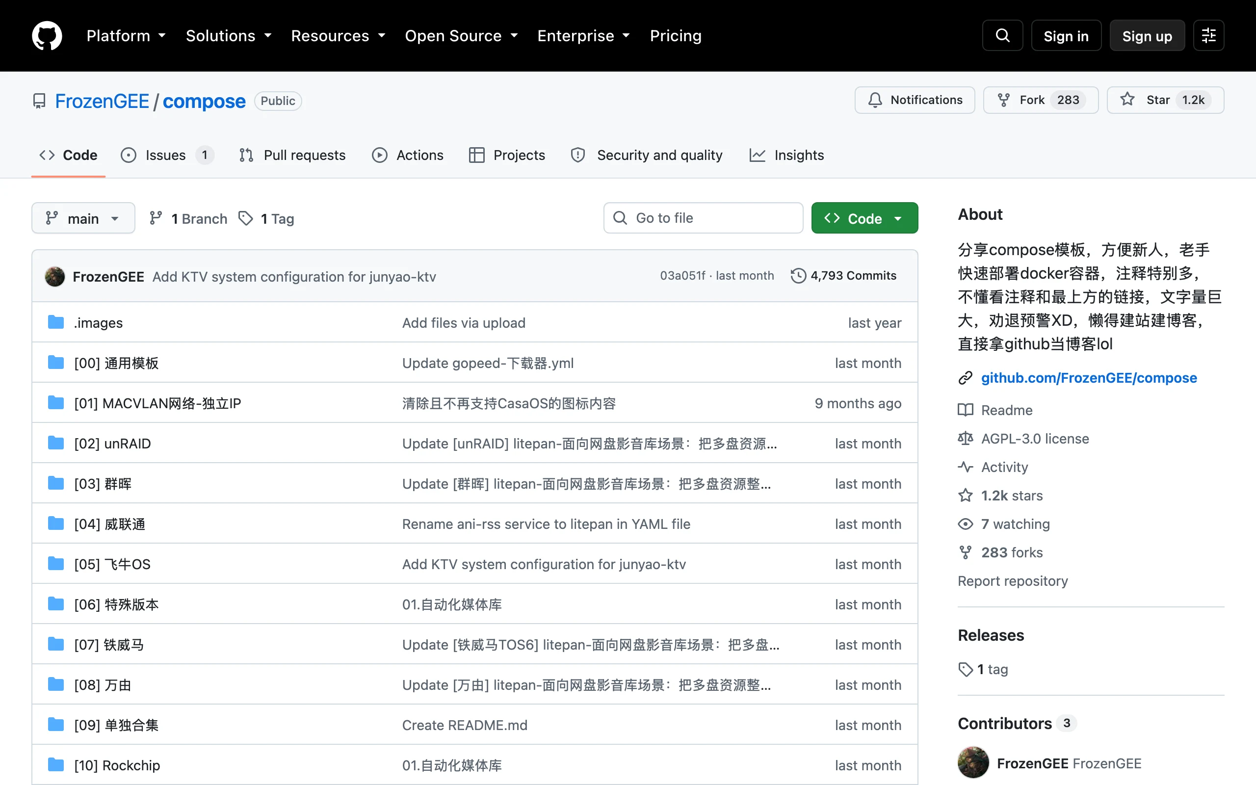 NAS Docker Compose 模板庫:1,515 份範例,每行附中文註解 2 FrozenGEE compose 儲存庫首頁,顯示 12 個 NAS 平台模板資料夾與大量 yml 檔案