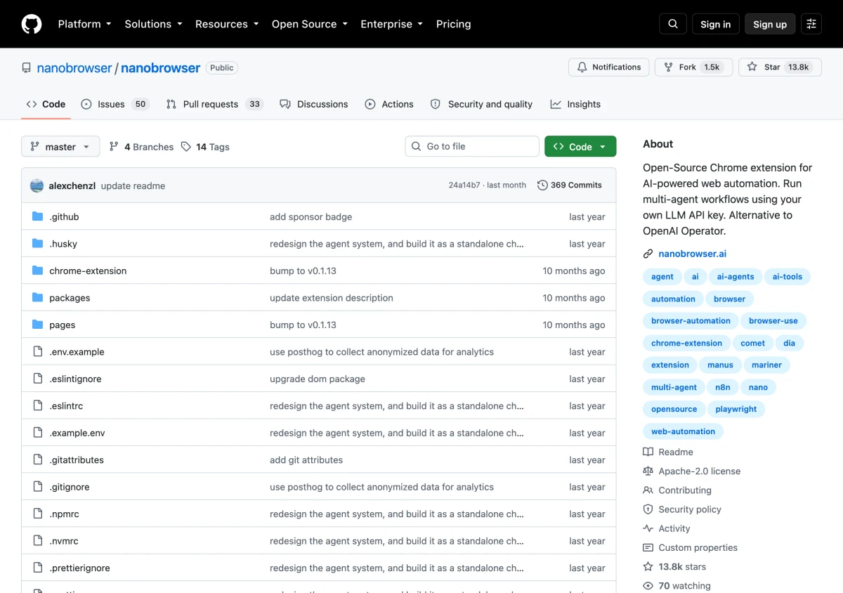 Nanobrowser 把 AI 網頁代理人裝進 Chrome,開源免費模型自選 3 TechMoon 內文截圖|Nanobrowser GitHub 儲存庫頁面:13.8k 星與最新 commit update readme