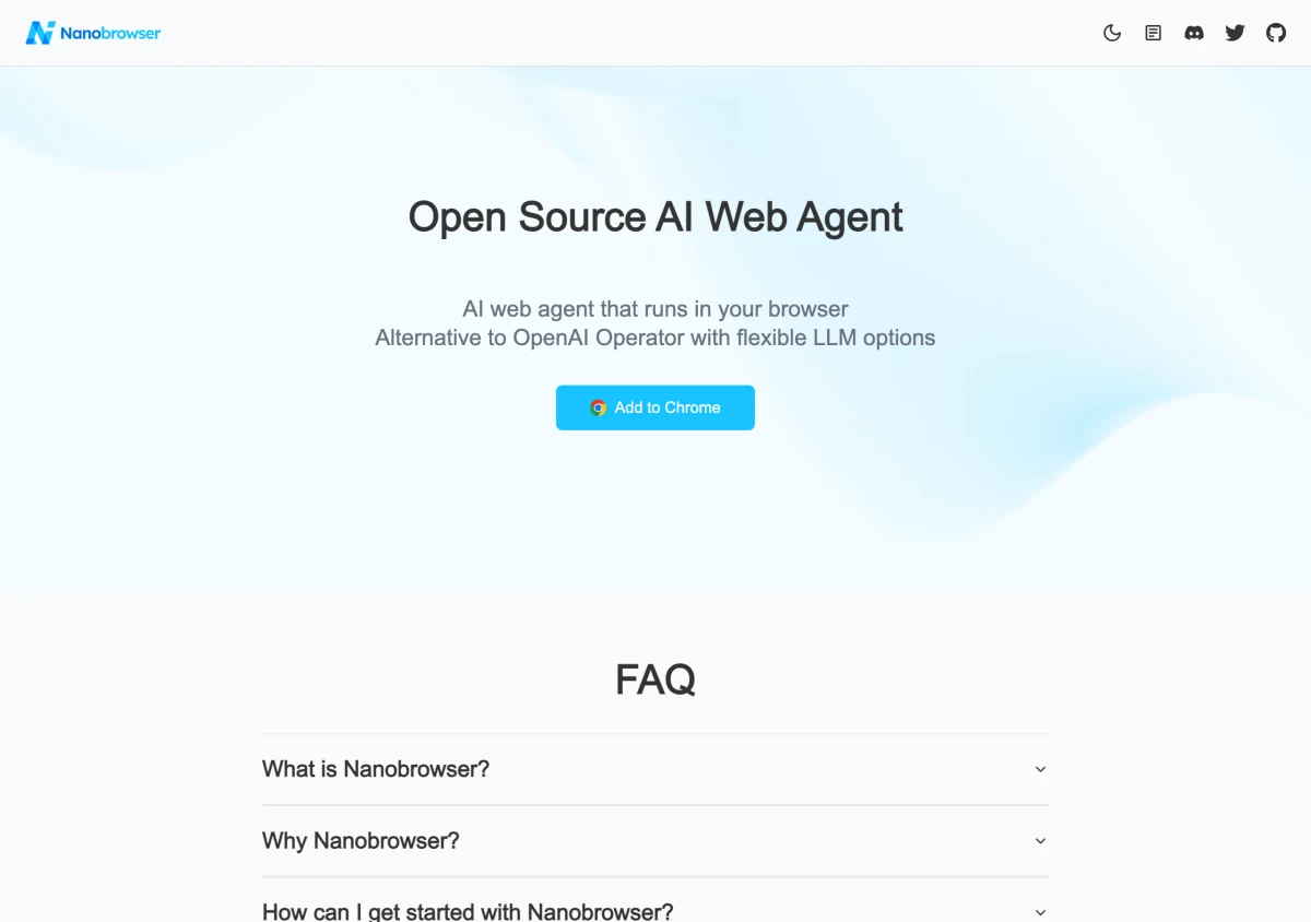 Nanobrowser 把 AI 網頁代理人裝進 Chrome,開源免費模型自選 2 TechMoon 內文截圖|Nanobrowser 官方網站首頁:Open Source AI Web Agent 標語與 Add to Chrome 按鈕