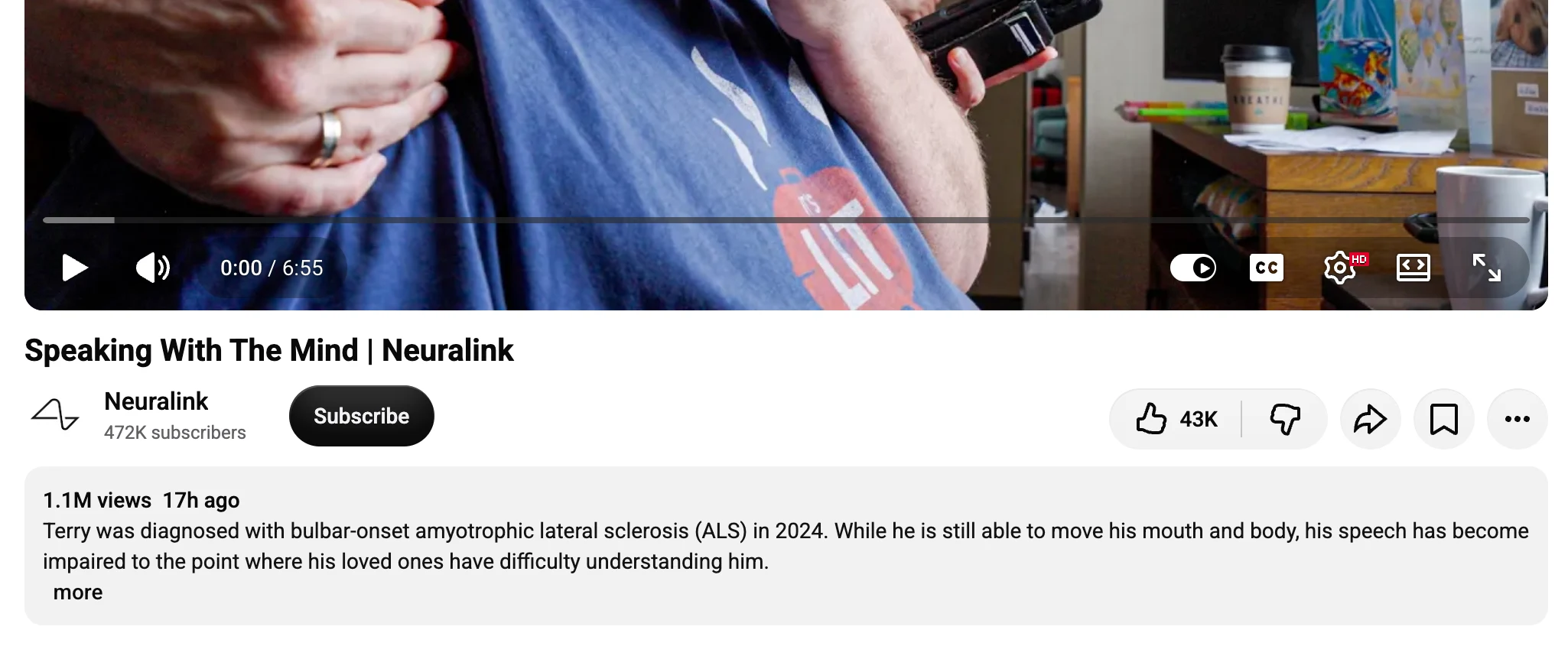 Neuralink VOICE 意念發聲:漸凍症受試者用患病前的原聲說出我愛你 2 Neuralink 官方 YouTube 影片 Speaking With The Mind 的標題與說明欄