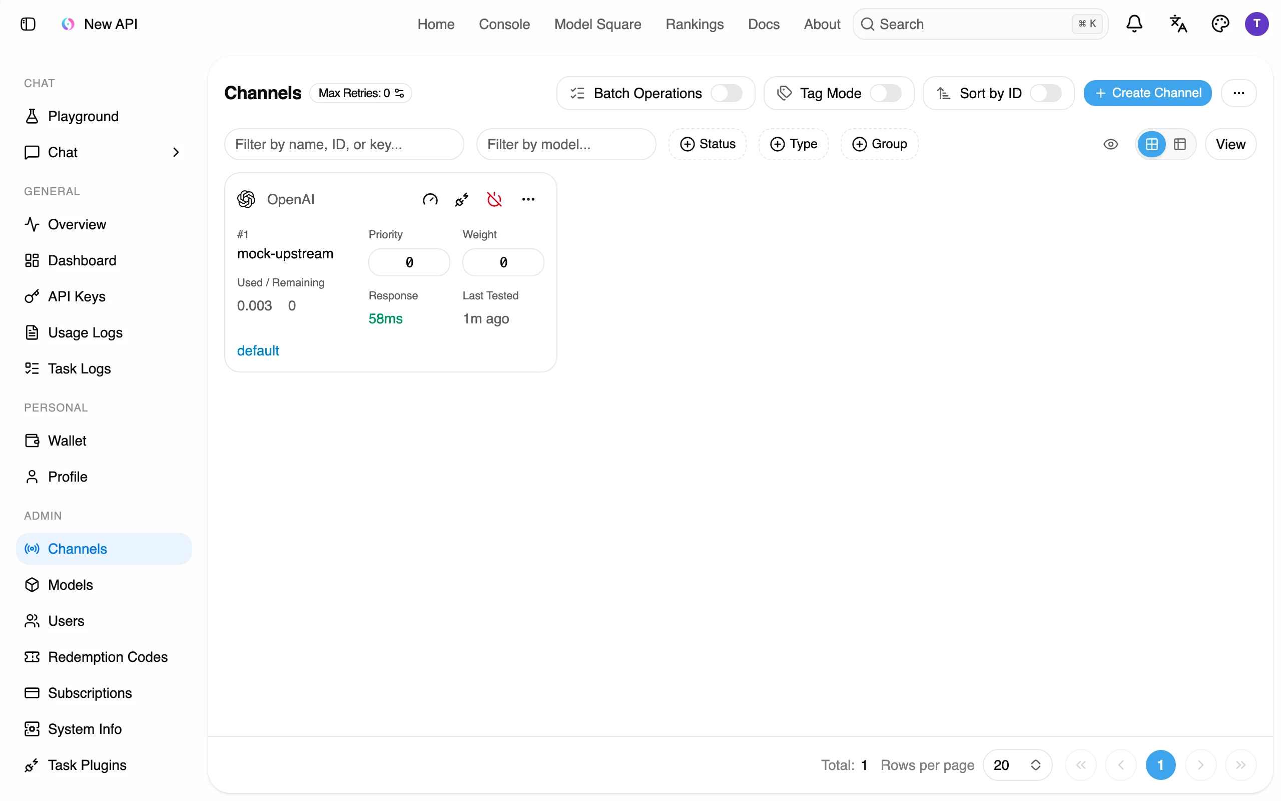 New API 自架閘道實測:一個端點管住所有 AI 金鑰 2 New API 渠道管理頁的渠道卡片,顯示內建測試通過與 58 毫秒回應時間