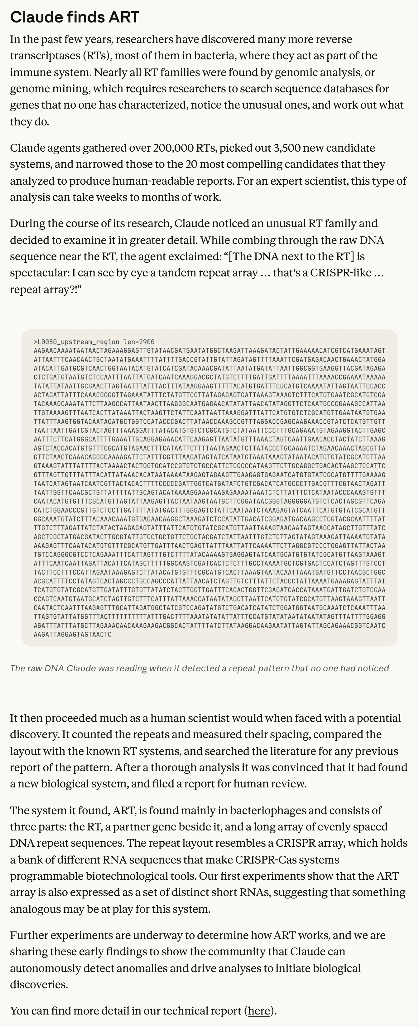 Claude 發現類 CRISPR 酵素系統:AI 找線索,人類做實驗 3 Anthropic 公告 Claude finds ART 一節:代理收集超過 20 萬個反轉錄酶、收斂出 3,500 個候選系統與 20 個最有力候選