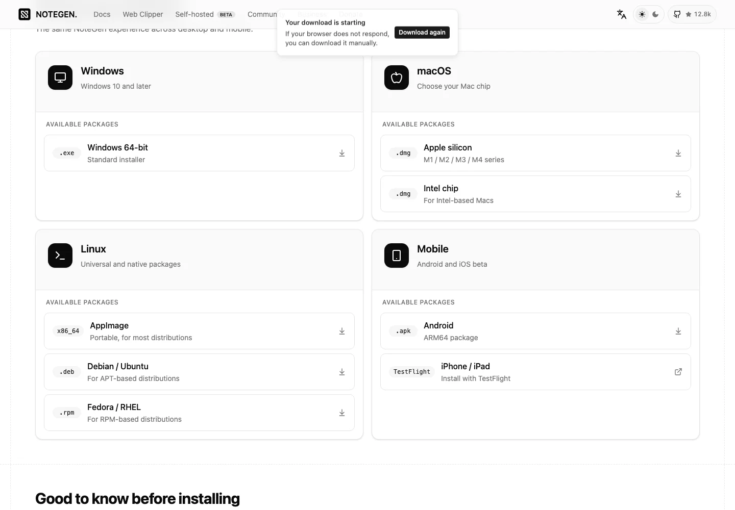 NoteGen:開源 Markdown 筆記工具,AI 把碎片記錄整理成筆記 3 NoteGen 官方下載頁截圖:Windows、macOS、Linux、Mobile 四張平台卡片並列,列出 exe、dmg、AppImage、deb、rpm、apk 與 TestFlight 等安裝管道