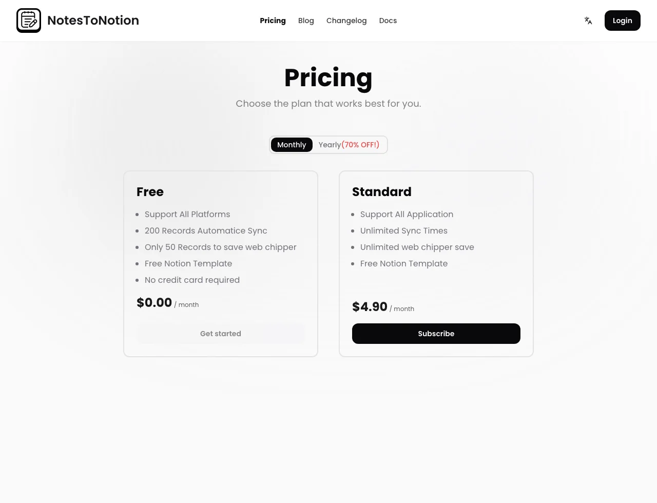 NotesToNotion:把散落各平台的收藏自動收進 Notion 3 NotesToNotion 定價頁,Free 方案 $0 含 200 則自動同步與 50 則剪藏,Standard 方案每月 $4.90 無限制