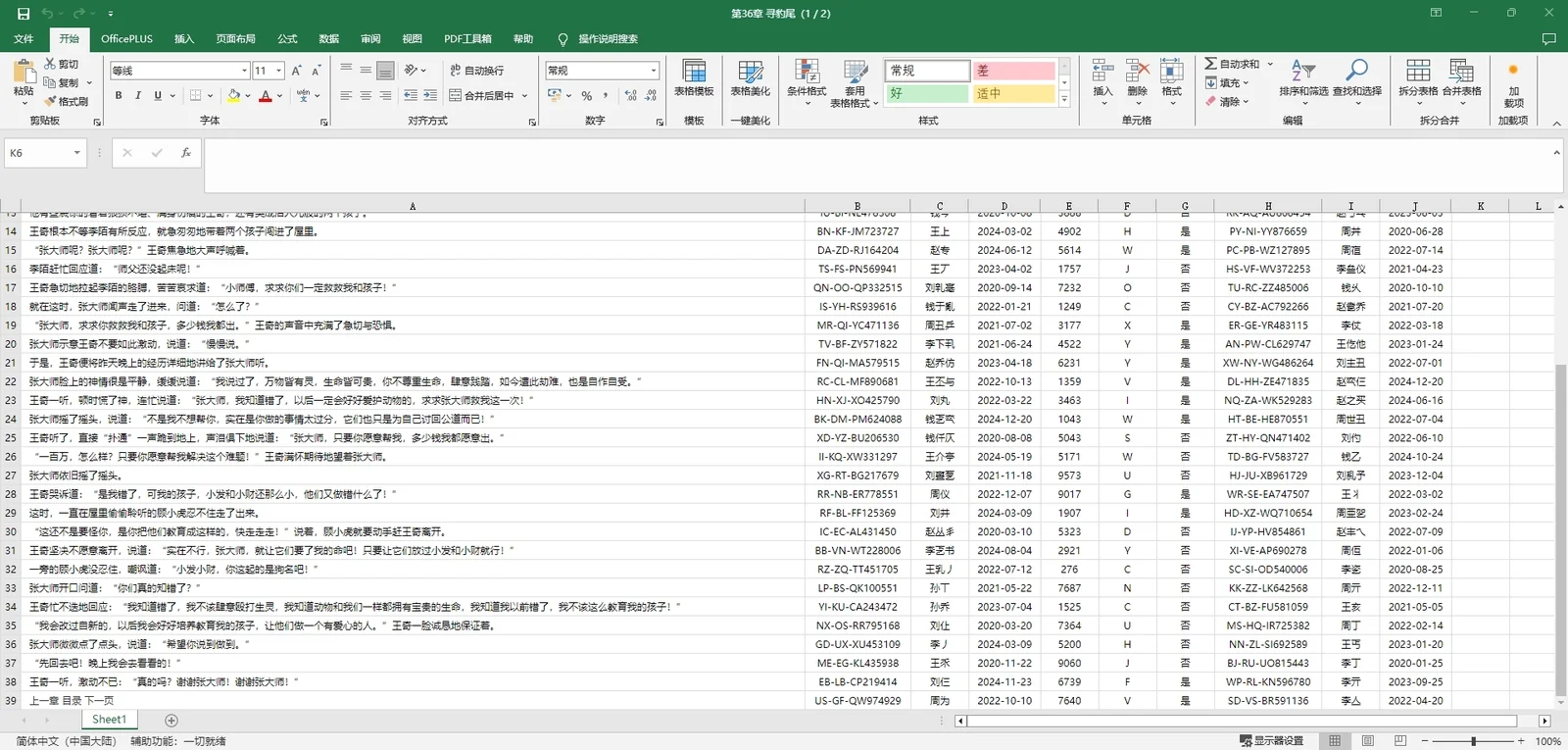 novel-disguise 的 Excel 模式效果圖，正文長句集中在 A 欄，旁邊欄位穿插隨機產生的編碼人名與日期