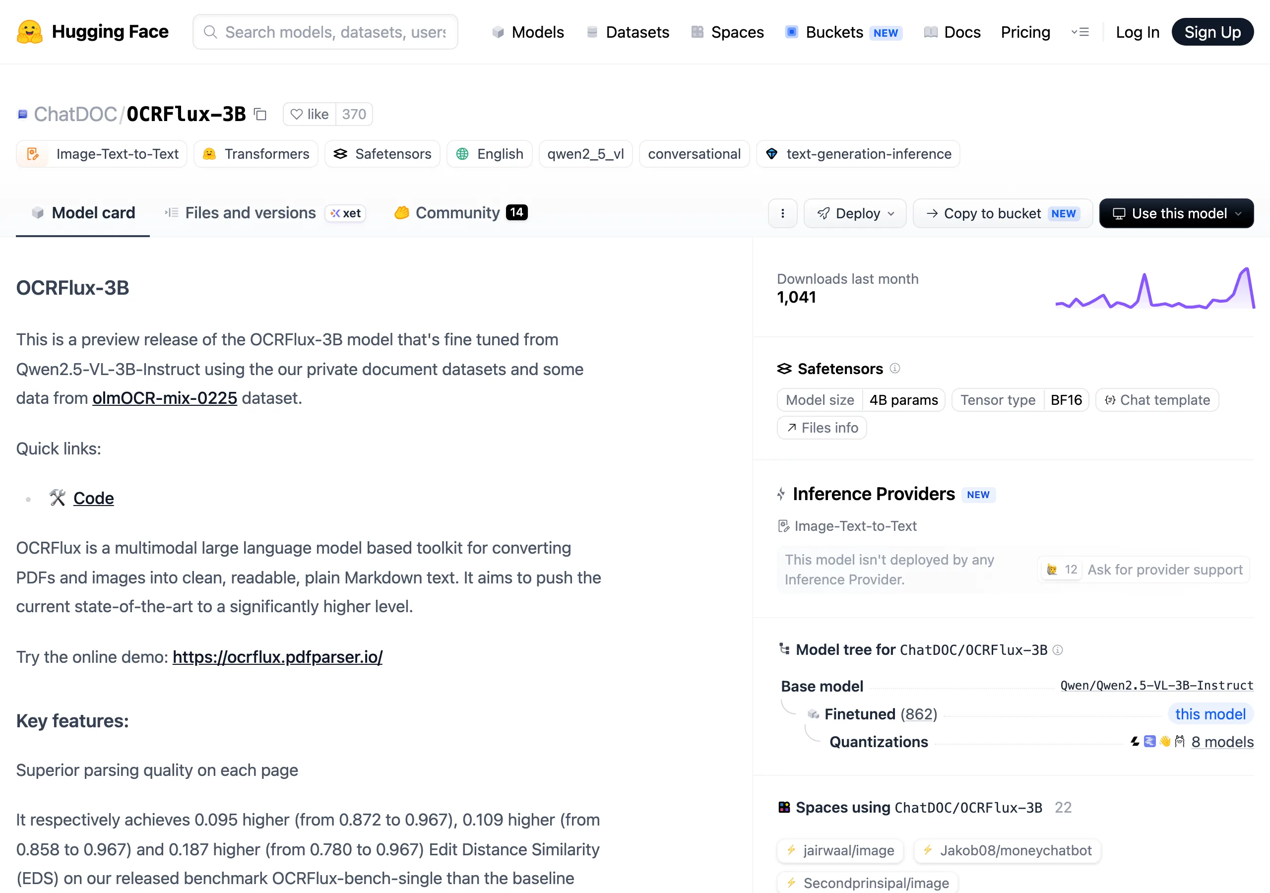 OCRFlux 自架 PDF 轉 Markdown,把跨頁表格縫回完整文件 4 HuggingFace 的 ChatDOC OCRFlux-3B 模型卡頁面