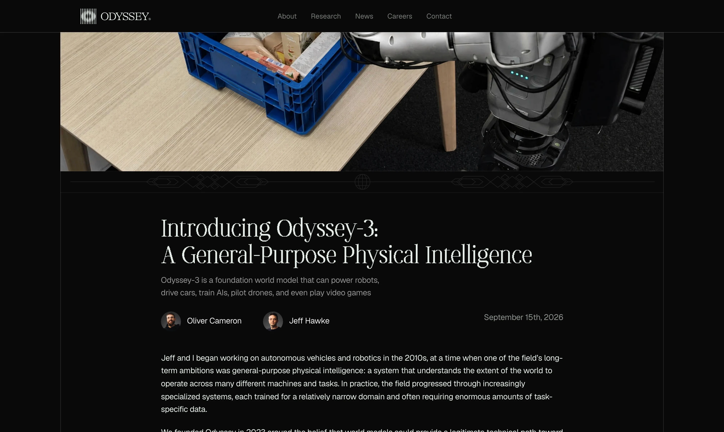 Odyssey 官方公告頁面頂部：標題 Introducing Odyssey-3: A General-Purpose Physical Intelligence，副標寫明這是可驅動機器人、駕駛車輛、訓練 AI、導航無人機與遊玩電動遊戲的基礎世界模型，署名 Oliver Cameron 與 Jeff Hawke，日期 2026 年 9 月 15 日