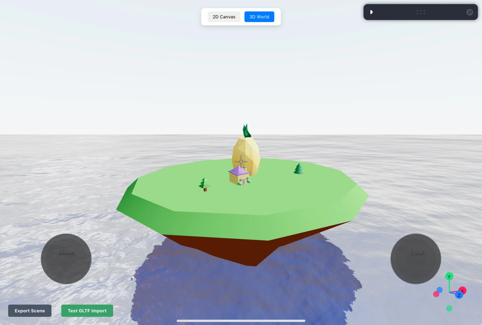 Vibe Draw 官方展示的 3D World 分頁畫面，一座從水面升起的島嶼場景，左下角有 Export Scene 與 Test GLTF Import 按鈕，畫面兩側有移動與視角操縱桿