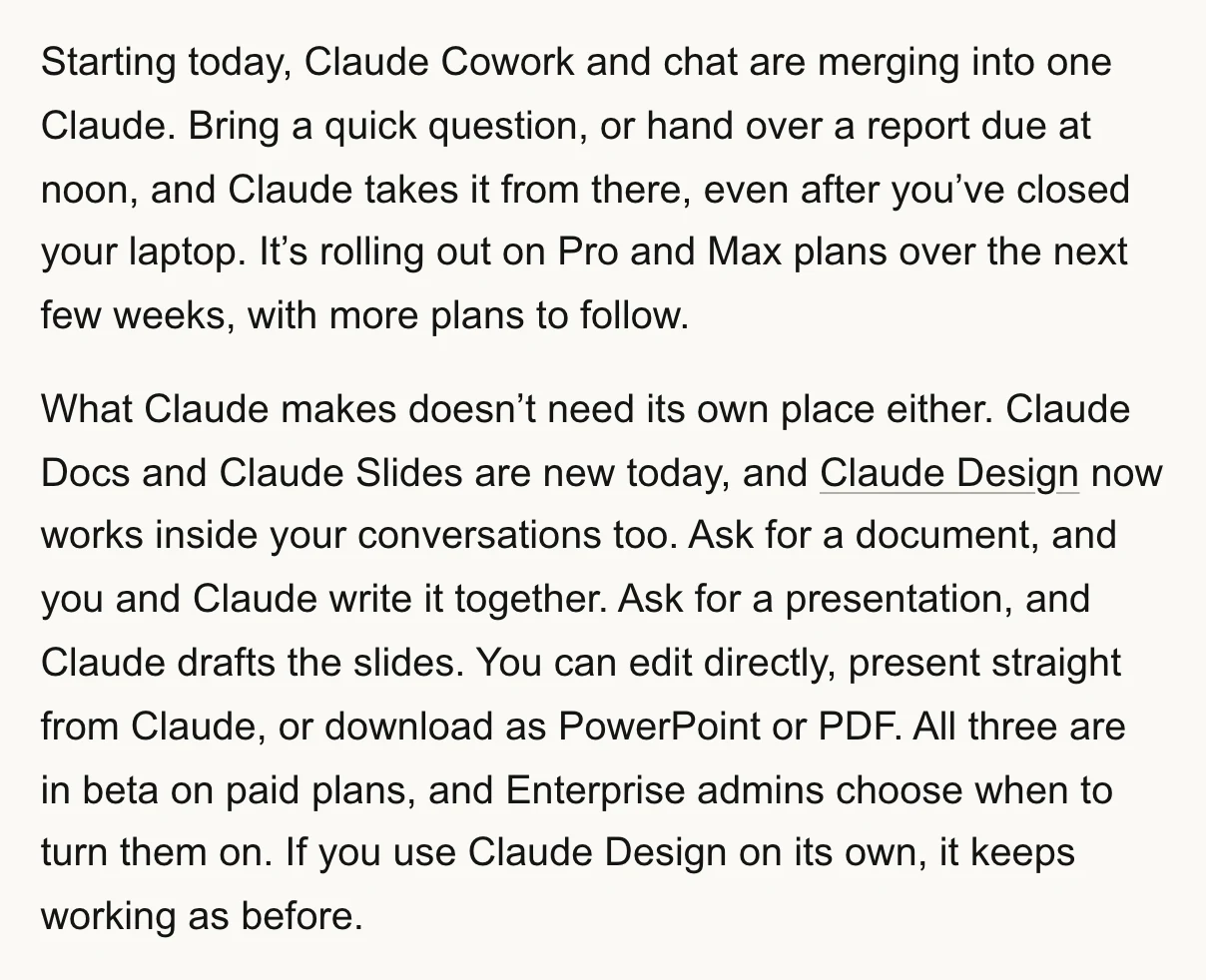 Claude 取消 Cowork 獨立入口,把文件簡報與排程任務收進對話 2 Anthropic 官方部落格公告開頭段落,寫明 Claude Cowork 與 chat 自 9 月 16 日起合併為 one Claude,Pro 與 Max 方案在數週內分批推送