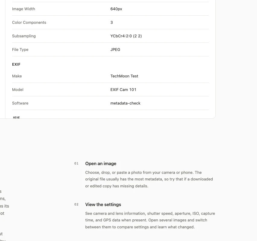 Online EXIF Viewer 免費線上工具,照片不上傳也能看 EXIF 3 測試照片的中繼資料表格,Make 與 Model 欄位顯示自行填入的測試值