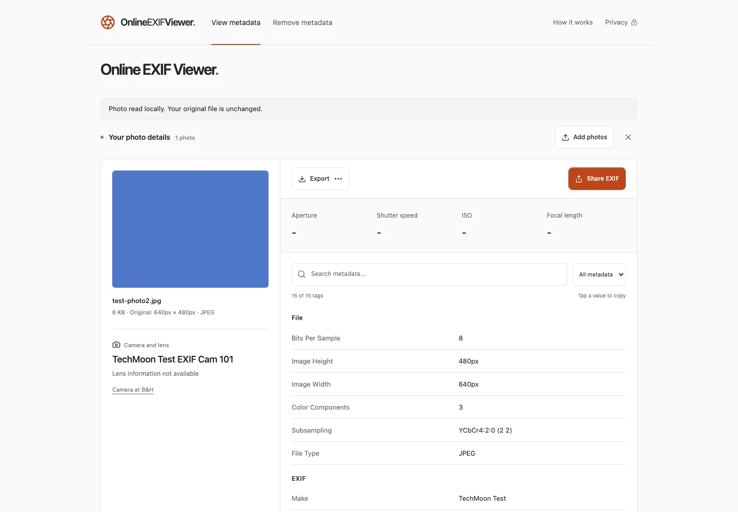 Online EXIF Viewer 免費線上工具,照片不上傳也能看 EXIF 2 Online EXIF Viewer 官方網站載入測試照片後的完整檢視畫面