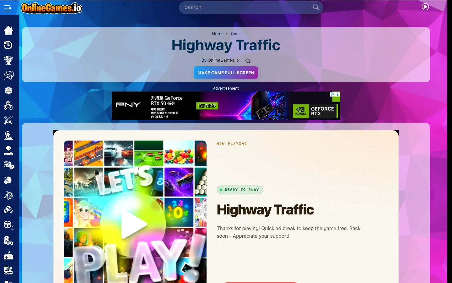 Online Games.io 免註冊網頁遊戲平台,免費的代價先算清楚 3 Highway Traffic 遊戲頁顯示 Quick ad break 廣告插播畫面截圖