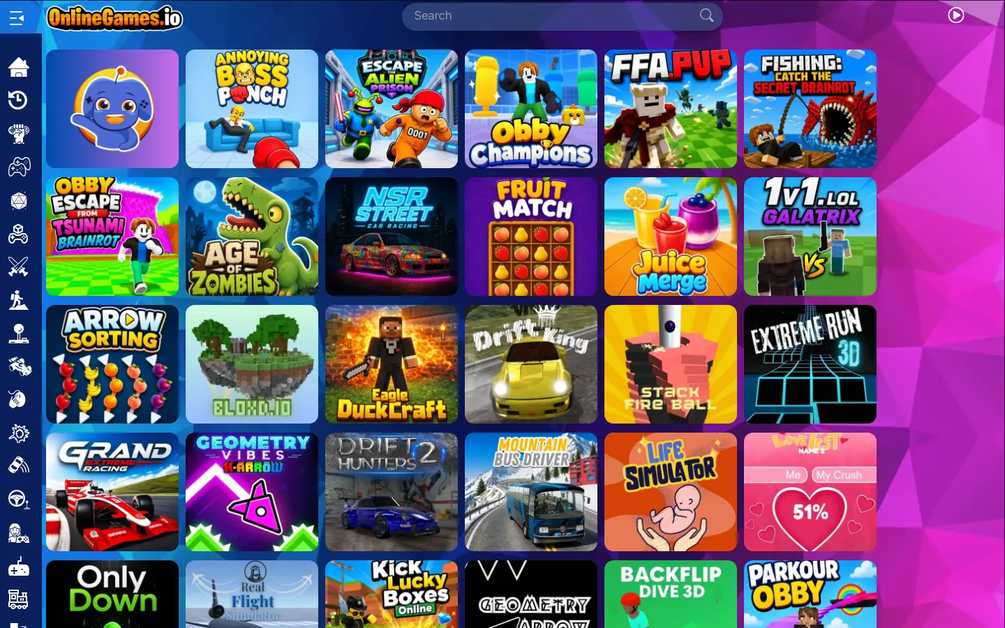 Online Games.io 免註冊網頁遊戲平台,免費的代價先算清楚 2 Online Games.io 首頁遊戲縮圖牆與左側分類導覽列截圖