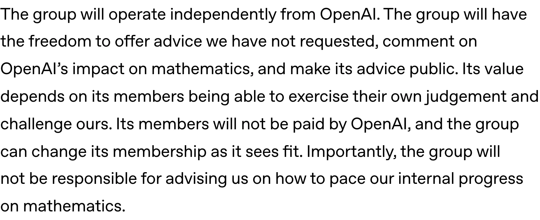 OpenAI 數學顧問團 AGMAI 成軍,管發布不管研發速度 2 OpenAI 公告中顧問團獨立性條款的段落截圖