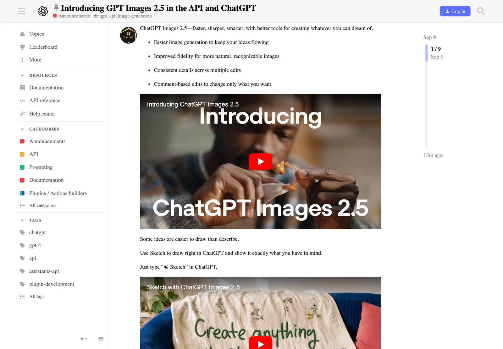 ChatGPT Images 2.5 全方案推出:留言指哪改哪,草圖當構圖 2 OpenAI 開發者社群的 ChatGPT Images 2.5 官方公告頁面,條列 faster image generation、improved fidelity、consistent details、comment-based edits 四個重點