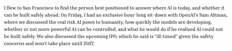 OpenAI IPO 延後:Altman 親口排除 2026,上市前先補安全 2 Fortune 2026 年 9 月 12 日刊出的 Sam Altman 專訪文章開頭段落,寫明 IPO 時機不恰當,上市不會在 2027 年之前發生