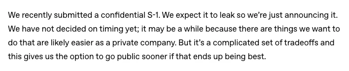 OpenAI IPO 延後:Altman 親口排除 2026,上市前先補安全 3 OpenAI 2026 年 6 月 8 日官方公告原文:已提交保密版 S-1,上市時間尚未決定,有些想做的事以私公司身分做起來可能更容易,同時保留更早上市的選項
