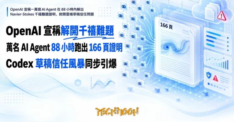 OpenAI 宣稱 88 小時解開千禧難題,你的雲端草稿該重新盤點 3 TechMoon 精選圖|OpenAI 宣稱一萬個 AI Agent 在 88 小時內解出 Navier-Stokes 千禧難題證明,掀開雲端草稿信任問題