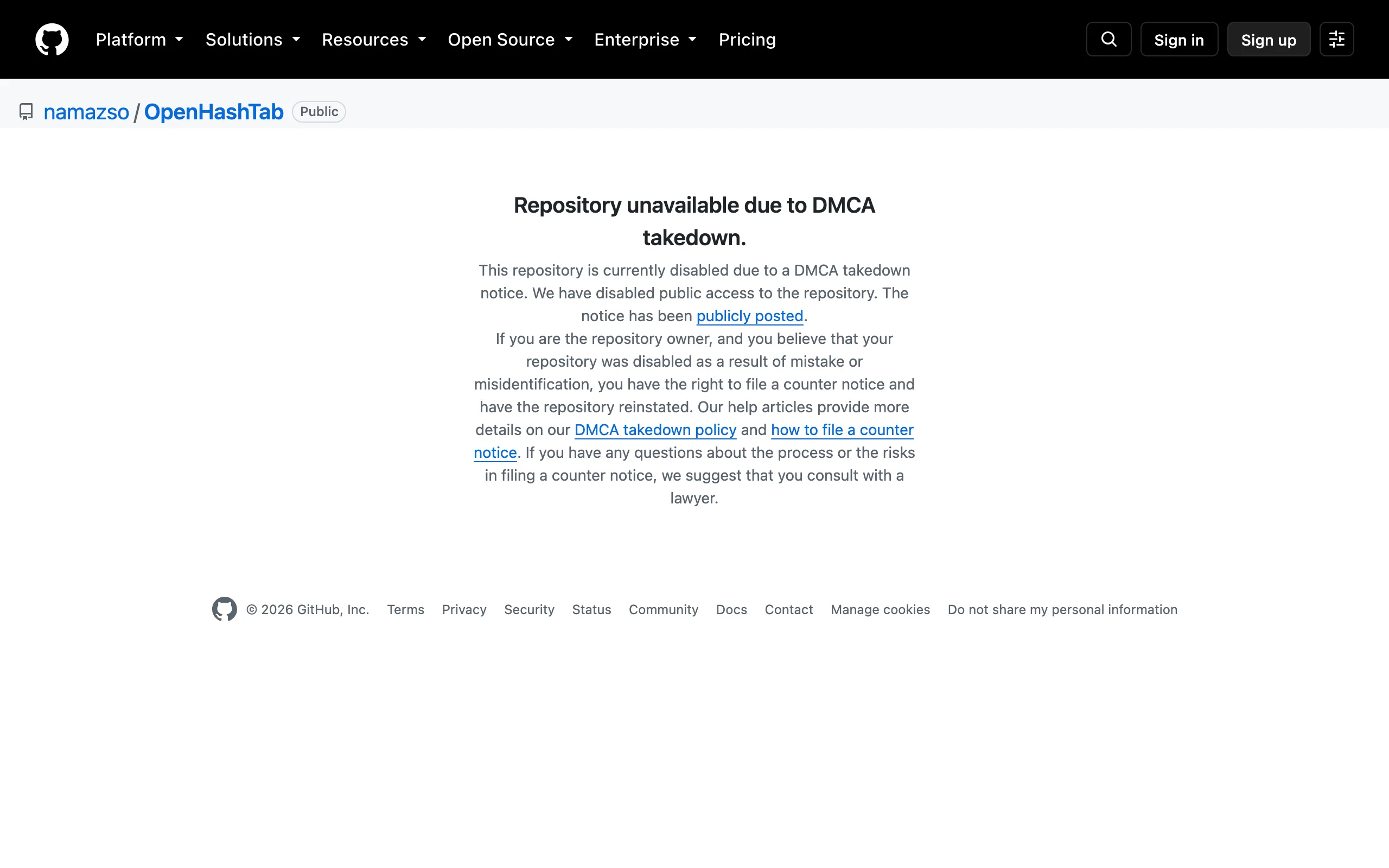OpenHashTab GitHub 倉庫的 DMCA 下架通知頁面，顯示 Repository access blocked