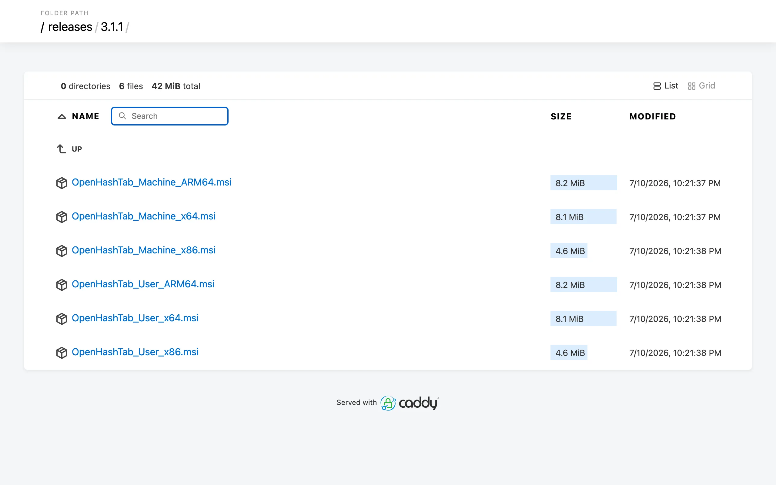 OpenHashTab 官方下載頁的 3.1.1 版安裝檔清單，六個 MSI 檔案