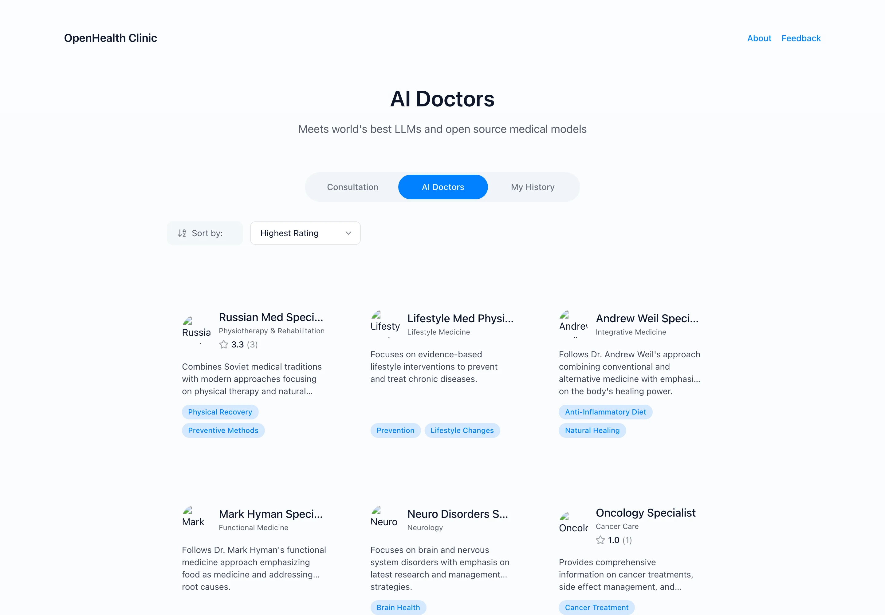 OpenHealth 開源 AI 健康資料助手,交出健檢報告前先看清三個入口 4 OpenHealth Clinic 的 AI Doctors 名單頁,25 位醫師人設卡片含 Andrew Weil、Mark Hyman 等專科與評分,多位頭像圖已失效