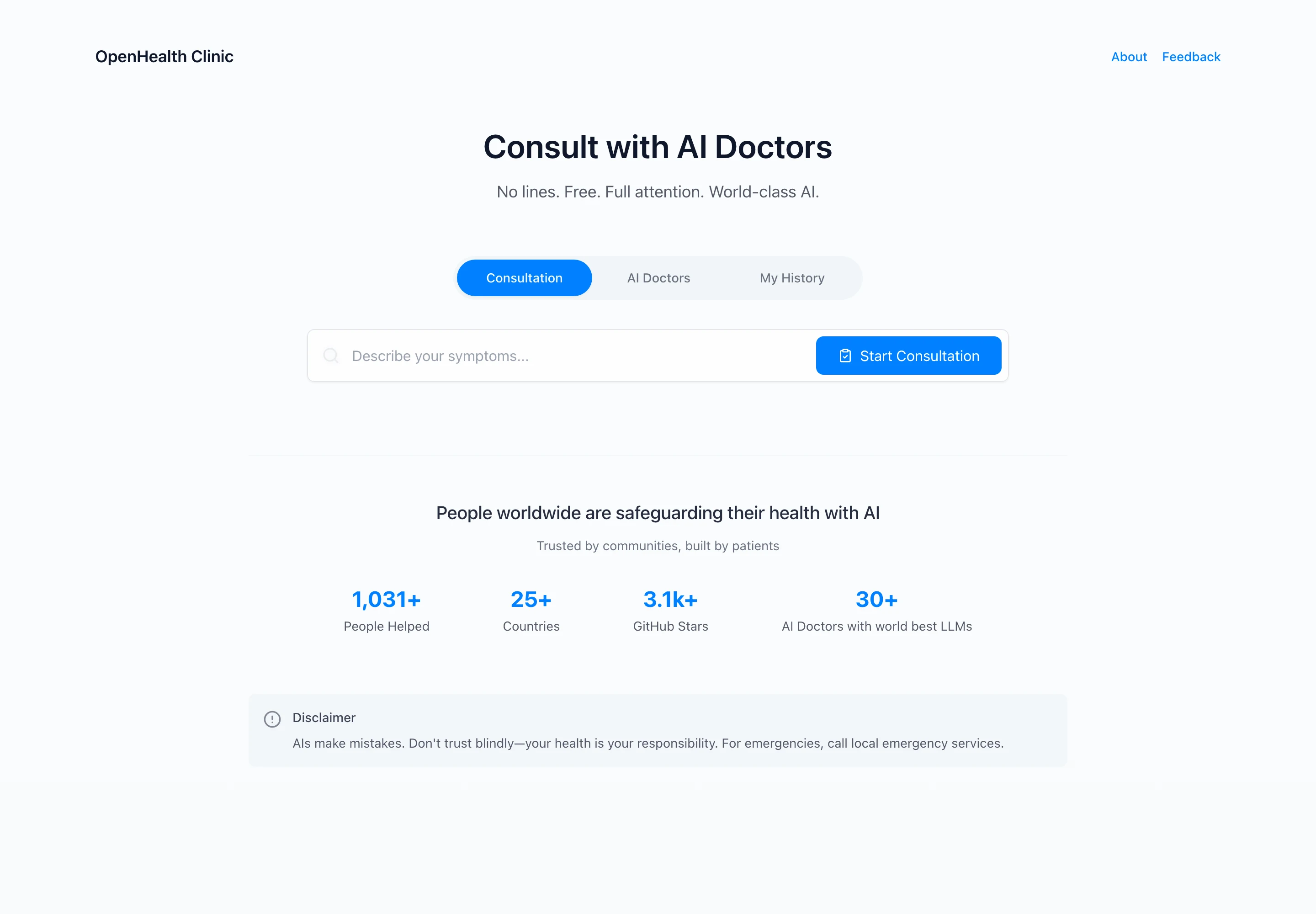 OpenHealth 開源 AI 健康資料助手,交出健檢報告前先看清三個入口 3 OpenHealth Clinic 門診站首頁,Consult with AI Doctors 標語與 Start Consultation 按鈕,統計區顯示 1031 People Helped、3.1k GitHub Stars、30 AI Doctors