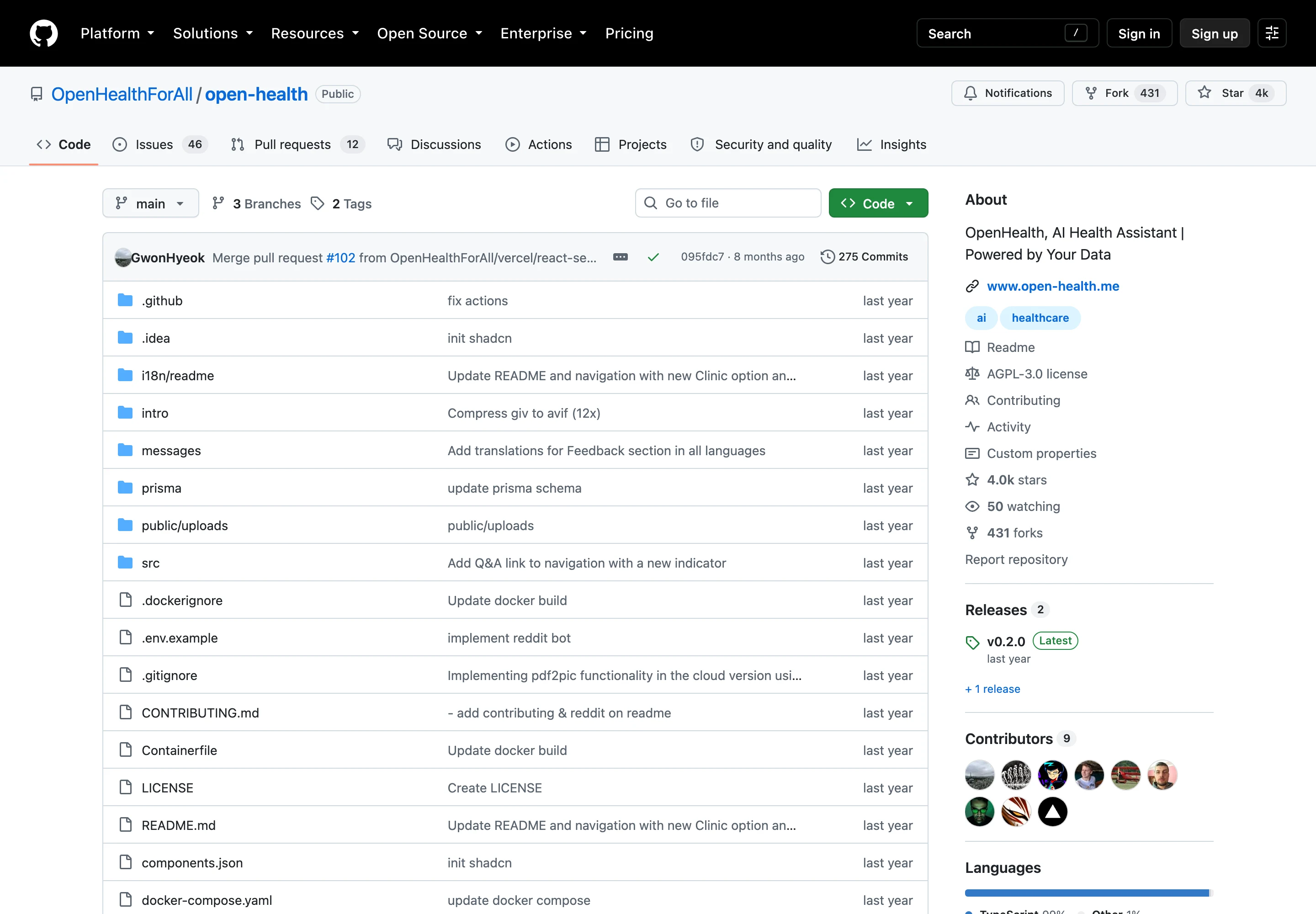 OpenHealth 開源 AI 健康資料助手,交出健檢報告前先看清三個入口 2 GitHub 上 OpenHealthForAll/open-health 儲存庫頁面,4.0k stars、AGPL-3.0 授權、275 次提交與 v0.2.0 發行標籤
