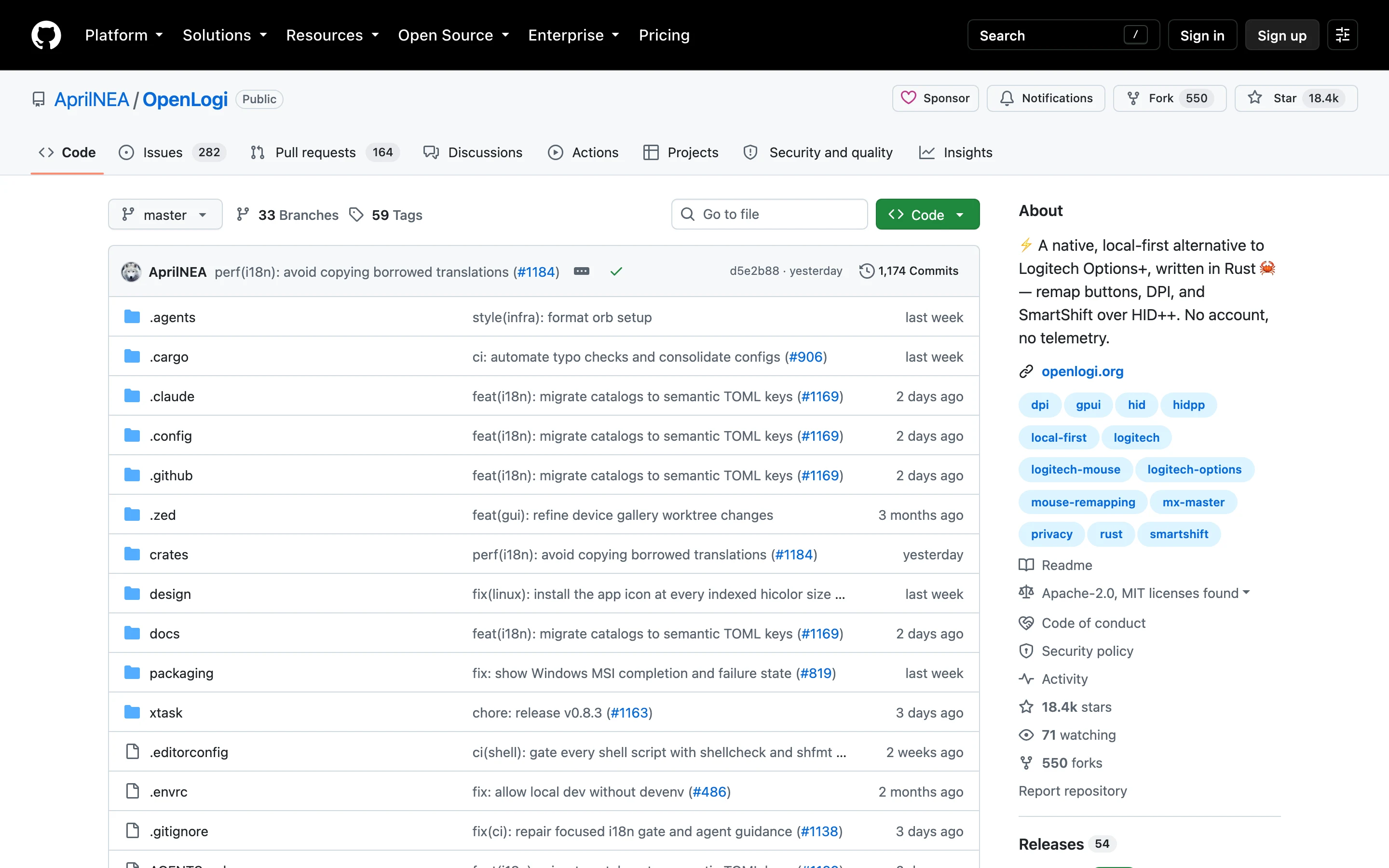 OpenLogi:開源羅技周邊設定工具,改按鍵調 DPI 不用登入帳號 3 OpenLogi 的 GitHub 專案頁 AprilNEA OpenLogi,顯示 Rust 語言、雙授權與近期提交紀錄