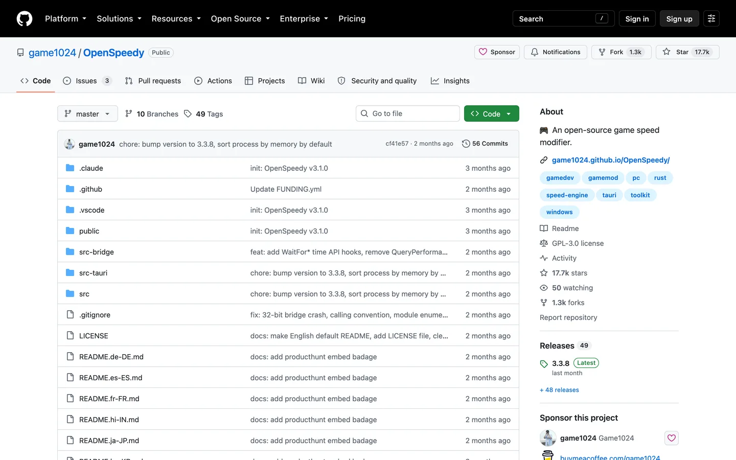 OpenSpeedy 開源遊戲變速工具,把單機遊戲的時間快轉或慢放 2 OpenSpeedy 的 GitHub 專案頁面,顯示專案描述、星數與 GPL 授權徽章