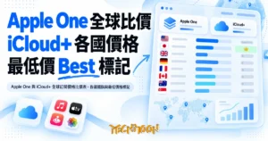 TechMoon 精選圖｜Apple One 與 iCloud+ 全球訂閱價格比價表，各國國旗與最低價格標記