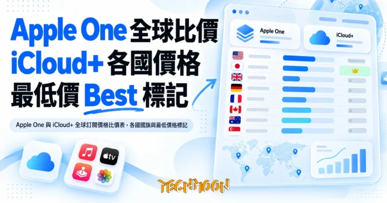 TechMoon 精選圖｜Apple One 與 iCloud+ 全球訂閱價格比價表，各國國旗與最低價格標記