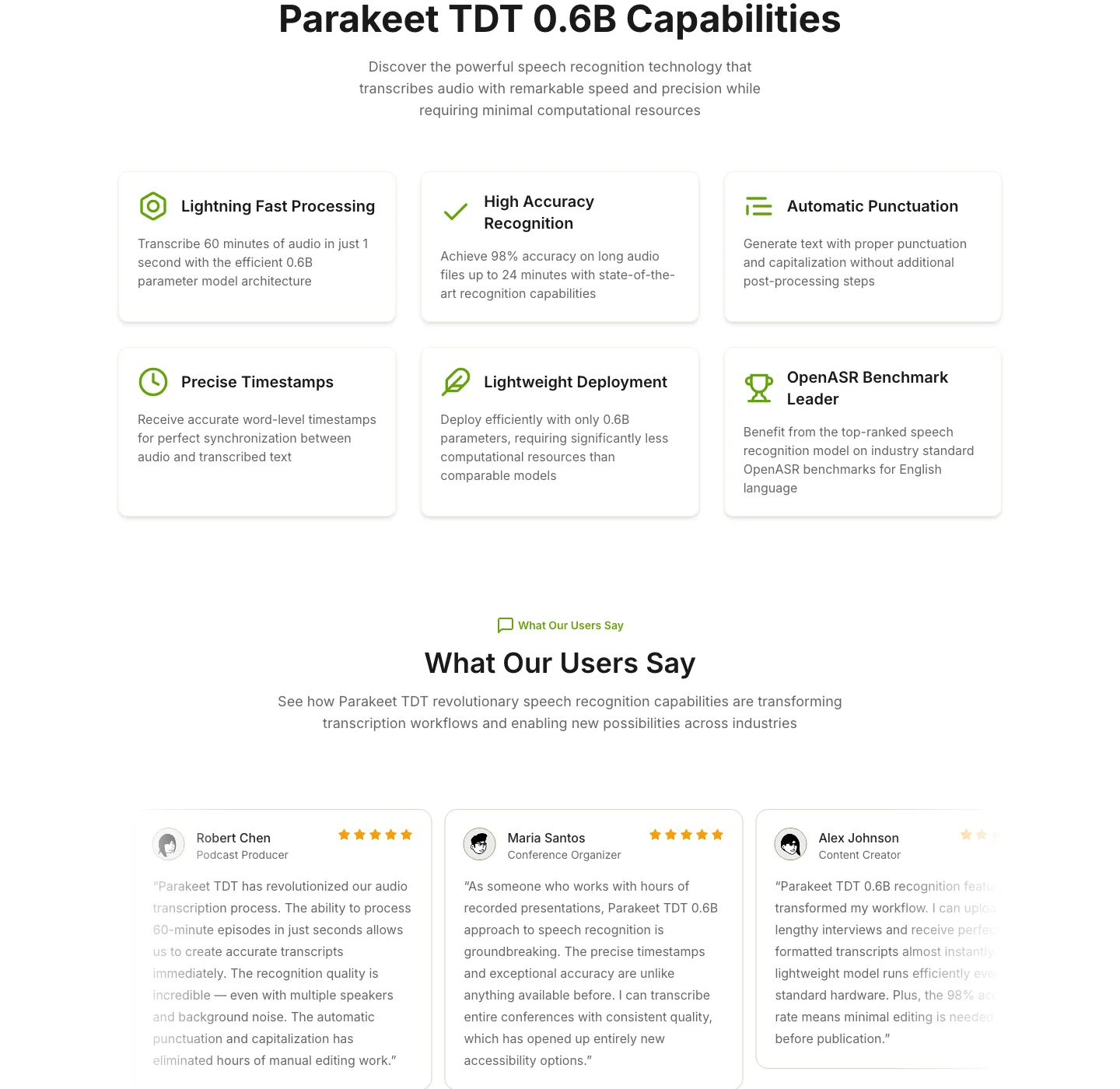 Parakeet TDT 舊官網 2026 年 4 月存檔的功能卡區塊，標榜閃電速度、高識別準確率、自動標點與精準時間戳，下方為用戶見證卡
