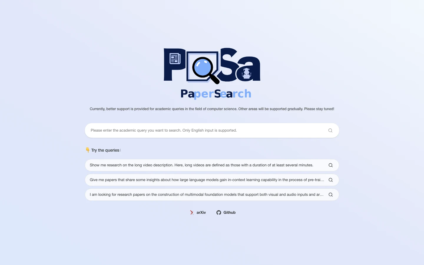 PaSa 官方網站首頁，中央為學術查詢輸入框，輸入框下方列三個膠囊狀範例查詢，並提示目前對電腦科學領域支援較好