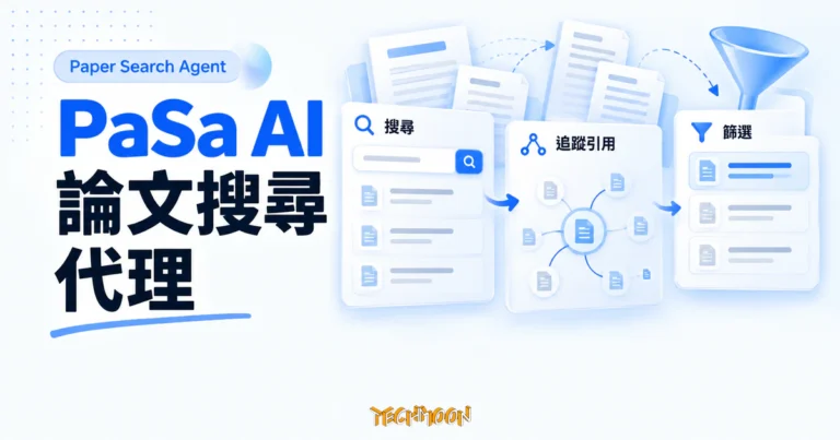 TechMoon 精選圖｜PaSa AI 論文搜尋代理，以搜尋框、引用關聯與論文卡片呈現文獻搜尋及篩選流程
