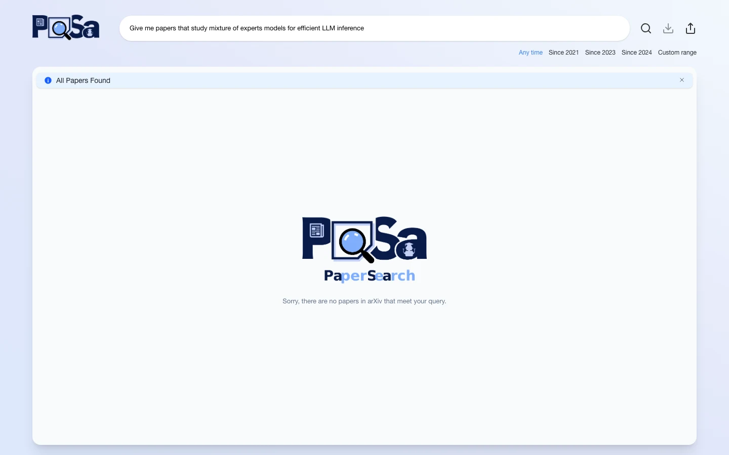 PaSa 自訂查詢結果頁，搜尋欄為混合專家模型推理效率的英文查詢，橫幅仍寫 All Papers Found，下方顯示抱歉 arXiv 沒有符合查詢的論文