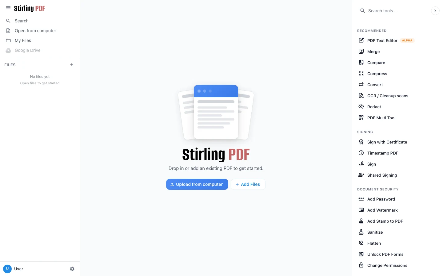PDF.is 免費 PDF 工具實測:免帳號直接用,本體是開源 Stirling PDF 2 PDF.is 首頁的檔案區與工具選單,畫面商標顯示 Stirling PDF