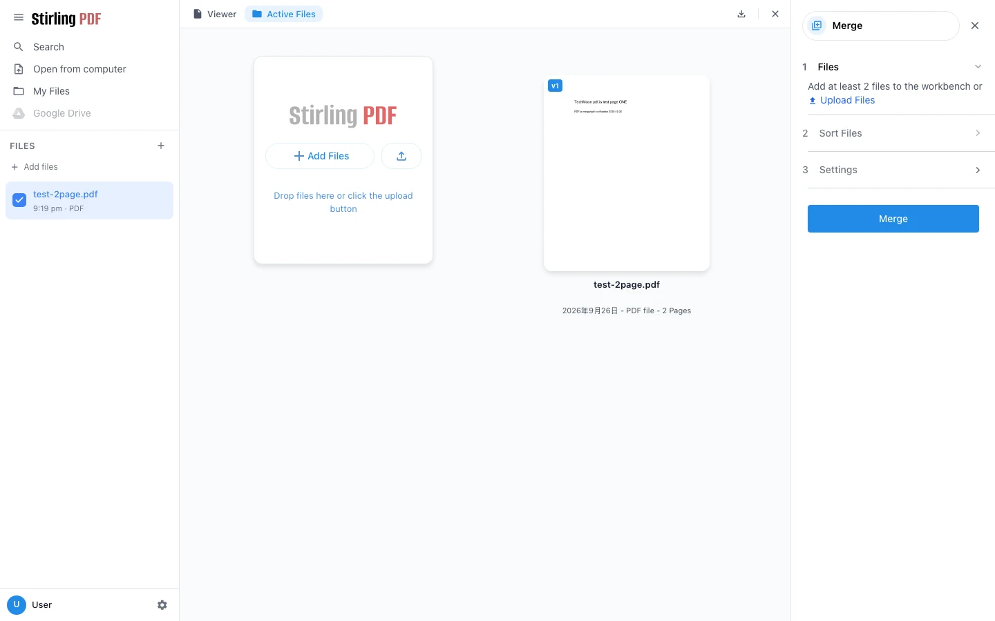 PDF.is 免費 PDF 工具實測:免帳號直接用,本體是開源 Stirling PDF 3 PDF.is 合併工具的工作台介面,右側面板列出檔案排序與設定步驟