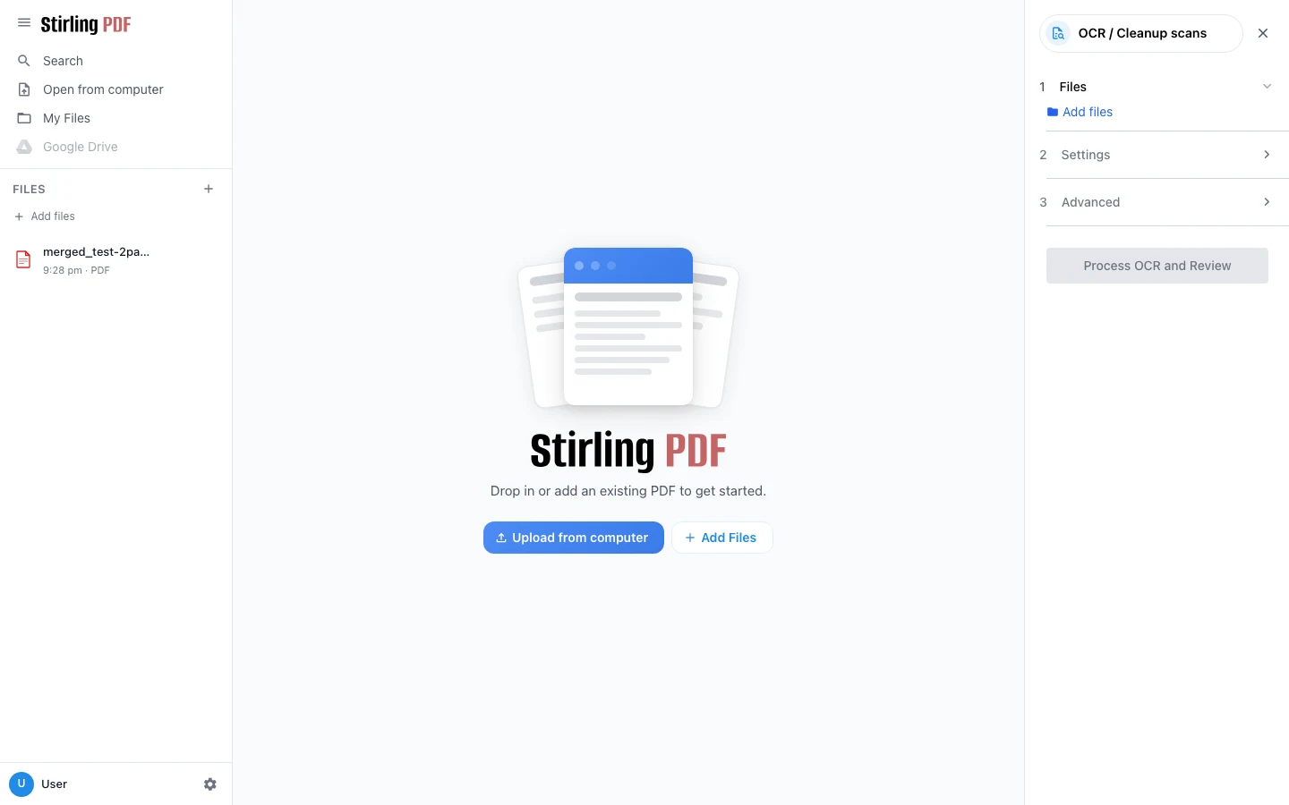 PDF.is 免費 PDF 工具實測:免帳號直接用,本體是開源 Stirling PDF 4 PDF.is 的 OCR 工具頁面,右側面板顯示檔案設定與進階步驟