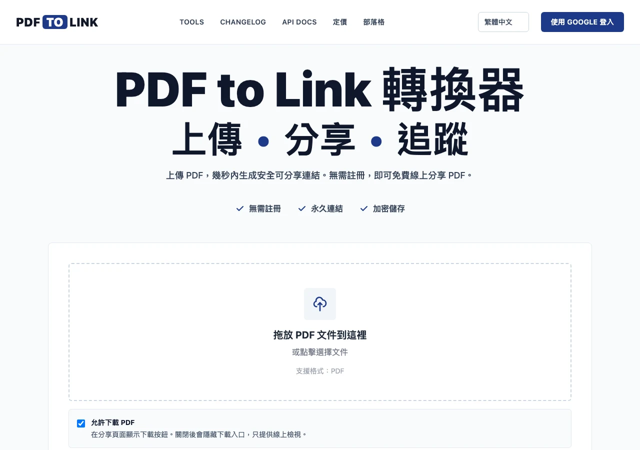 PDFtoLink 免費 PDF 分享連結產生器,實測檔案去向與連結壽命 2 PDFtoLink 首頁的上傳卡片,虛線拖放區寫著拖放 PDF 文件到這裡,上方有三個標語:無需註冊、永久連結、加密儲存