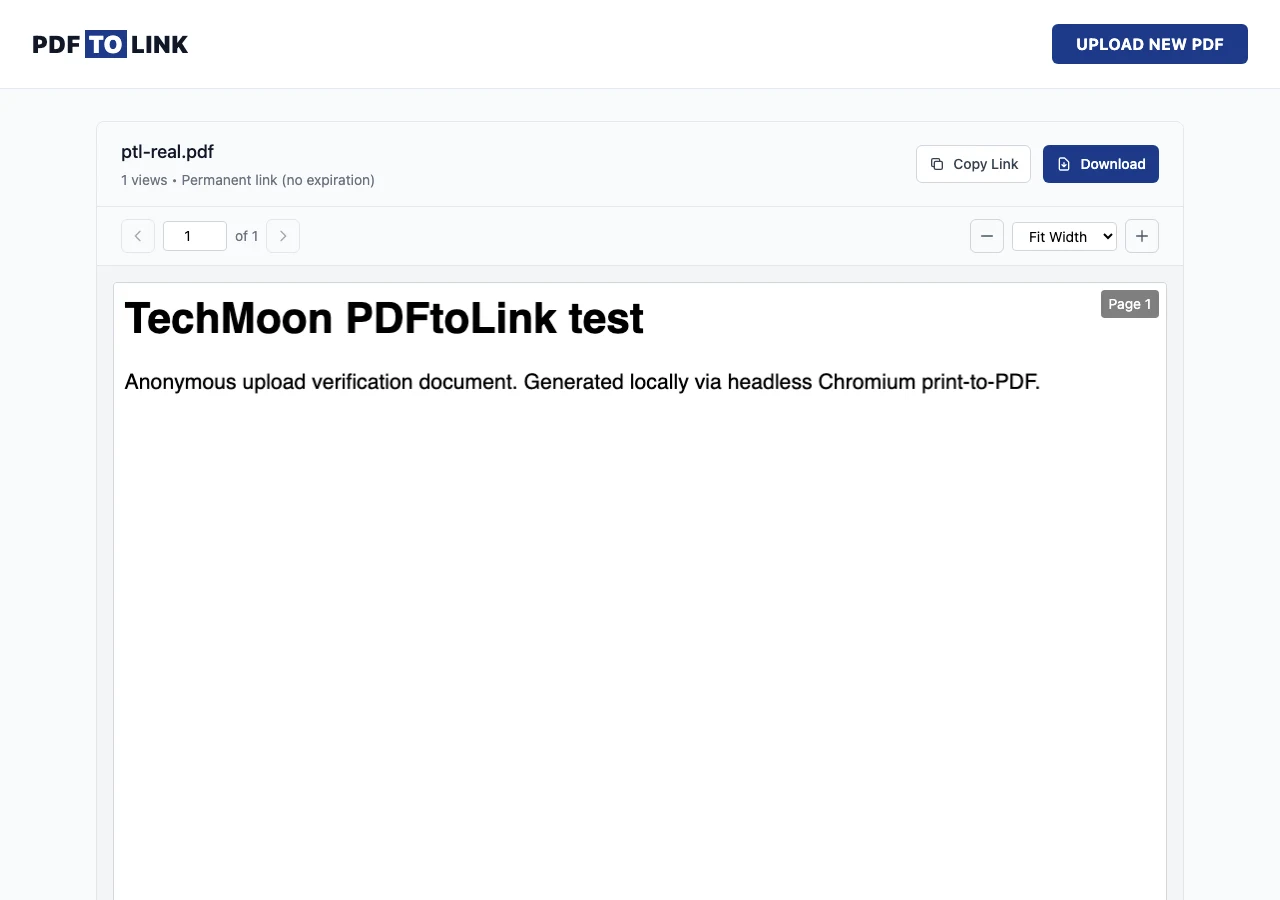 PDFtoLink 免費 PDF 分享連結產生器,實測檔案去向與連結壽命 3 PDFtoLink 分享頁實況,檔名下方顯示 1 views 與 Permanent link no expiration 字樣,右側有 Copy Link 與 Download 按鈕,下方是 PDF 閱讀器