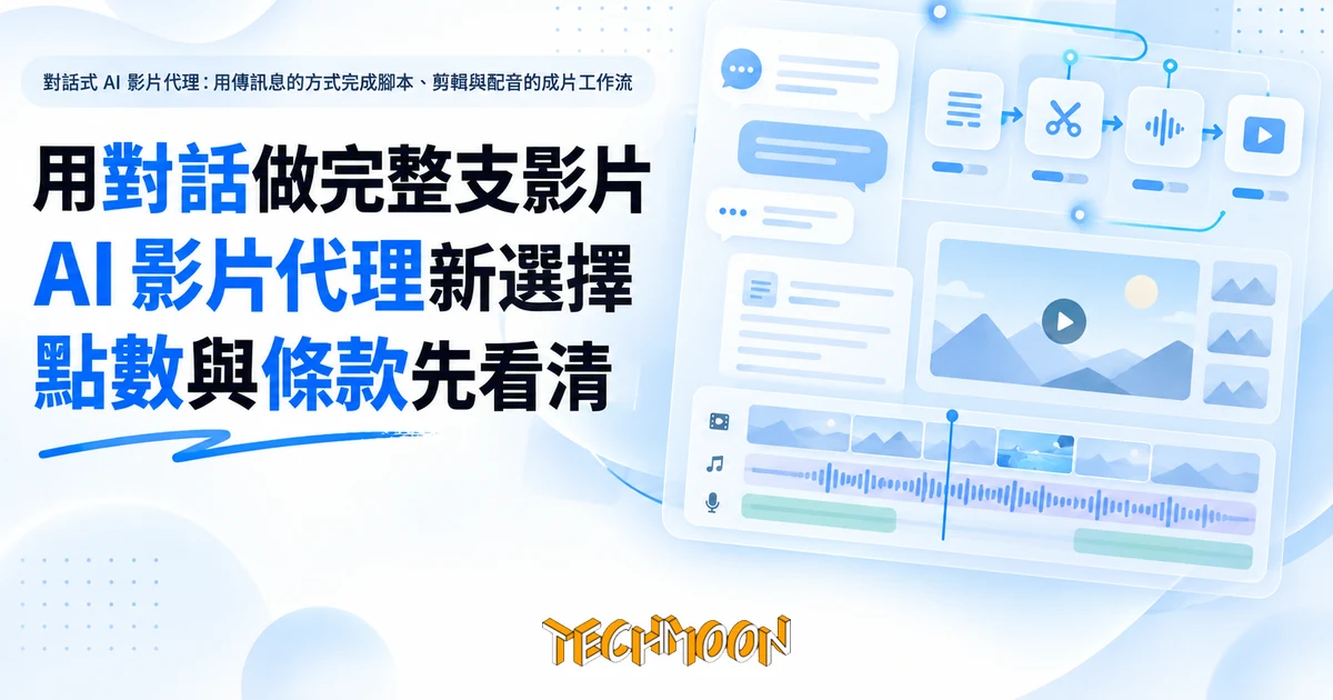 Pexo 用對話做完一支 AI 影片,點數帳與授權條款先看清 1 TechMoon 精選圖|對話式 AI 影片代理:用傳訊息的方式完成腳本、剪輯與配音的成片工作流