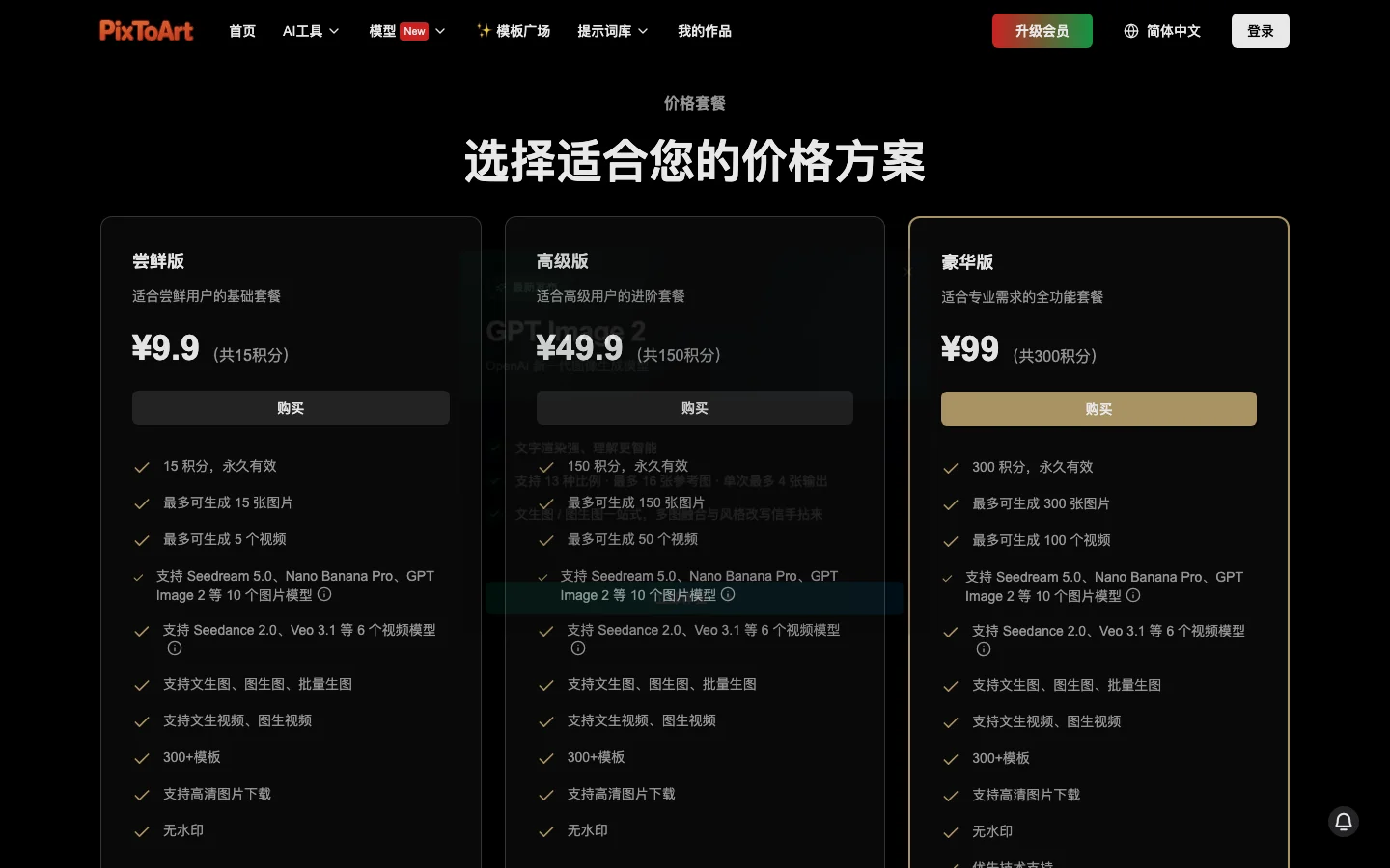 PixToArt 中文版定價頁，人民幣一次性點數方案 9.9、49.9 與 99 元