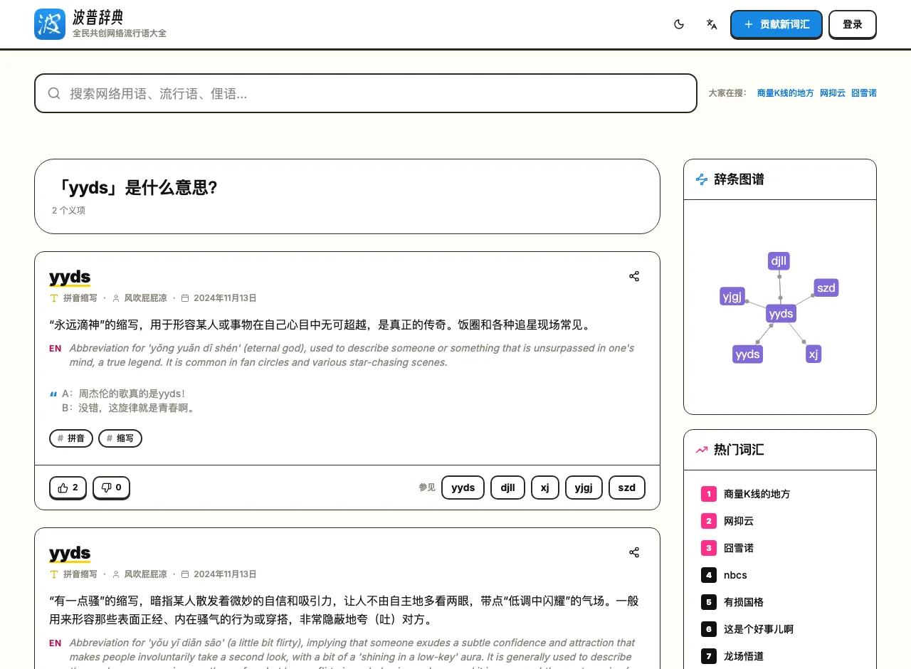 波普辭典 yyds 詞條頁，兩個義項並列，各附釋義、例句與投票按鈕