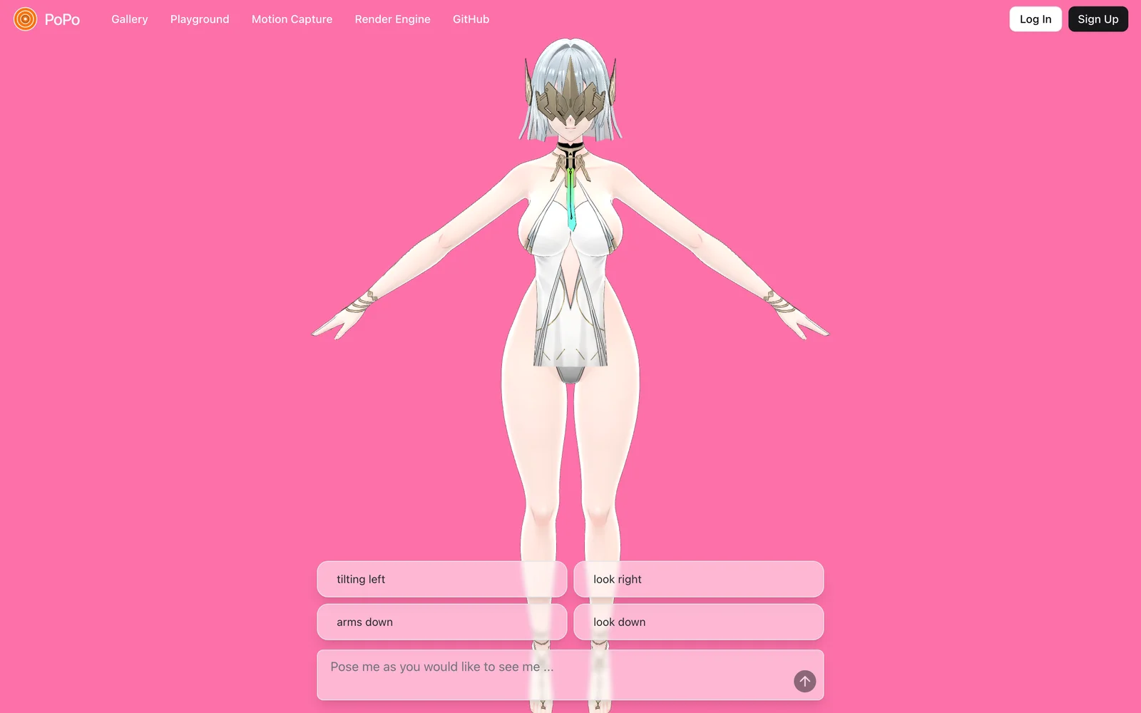 PoPo 開源 MMD 動作產生器,把一句話變成能帶走的 VMD 動作檔 2 PoPo 線上版主畫面,中央為深空之眼梵天 3D 角色以 A 字形站姿待命,底部為建議動作與文字輸入框