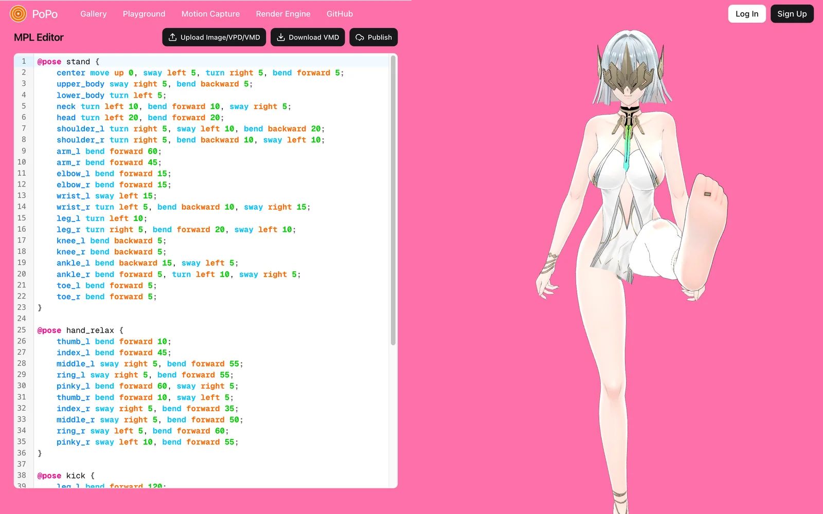 PoPo 開源 MMD 動作產生器,把一句話變成能帶走的 VMD 動作檔 4 PoPo Playground 頁面,左側為語法高亮的 MPL 姿勢腳本編輯器,右側為 3D 角色與 Upload、Download VMD、Publish 按鈕