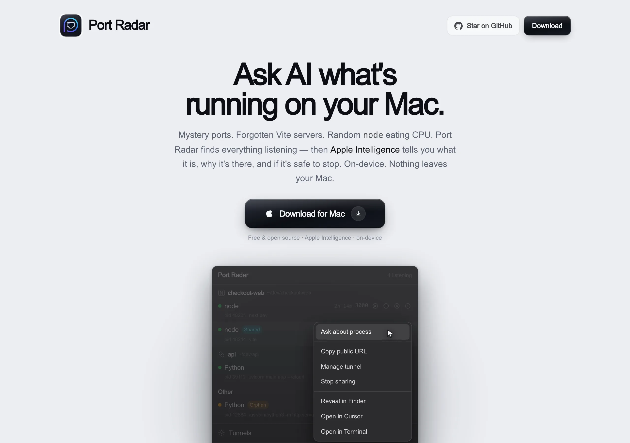Port Radar 官網首頁畫面，標題寫著 Ask AI what's running on your Mac，下方是選單列面板示意，列出 checkout-web 與 api 兩個專案底下的監聽埠