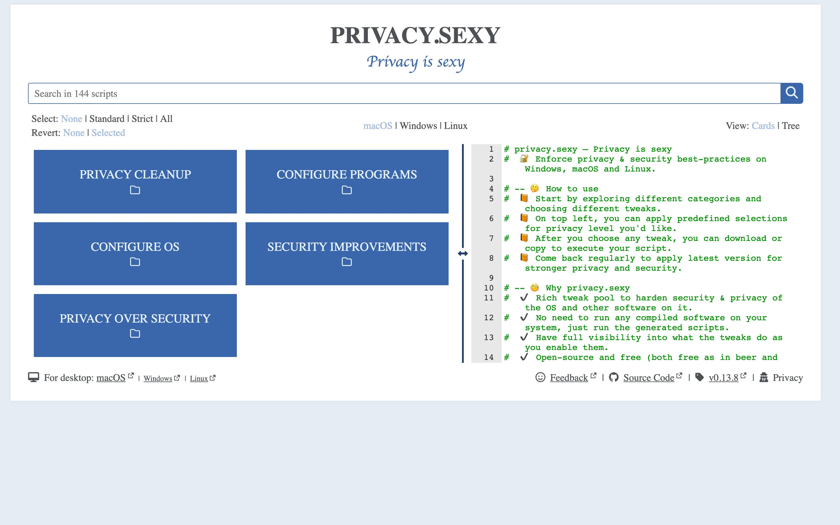 Privacy Sexy 開源隱私工具:920 項調整在瀏覽器本機生成腳本 2 privacy.sexy 官網介面:左側調整清單與分類,右側即時生成的腳本區