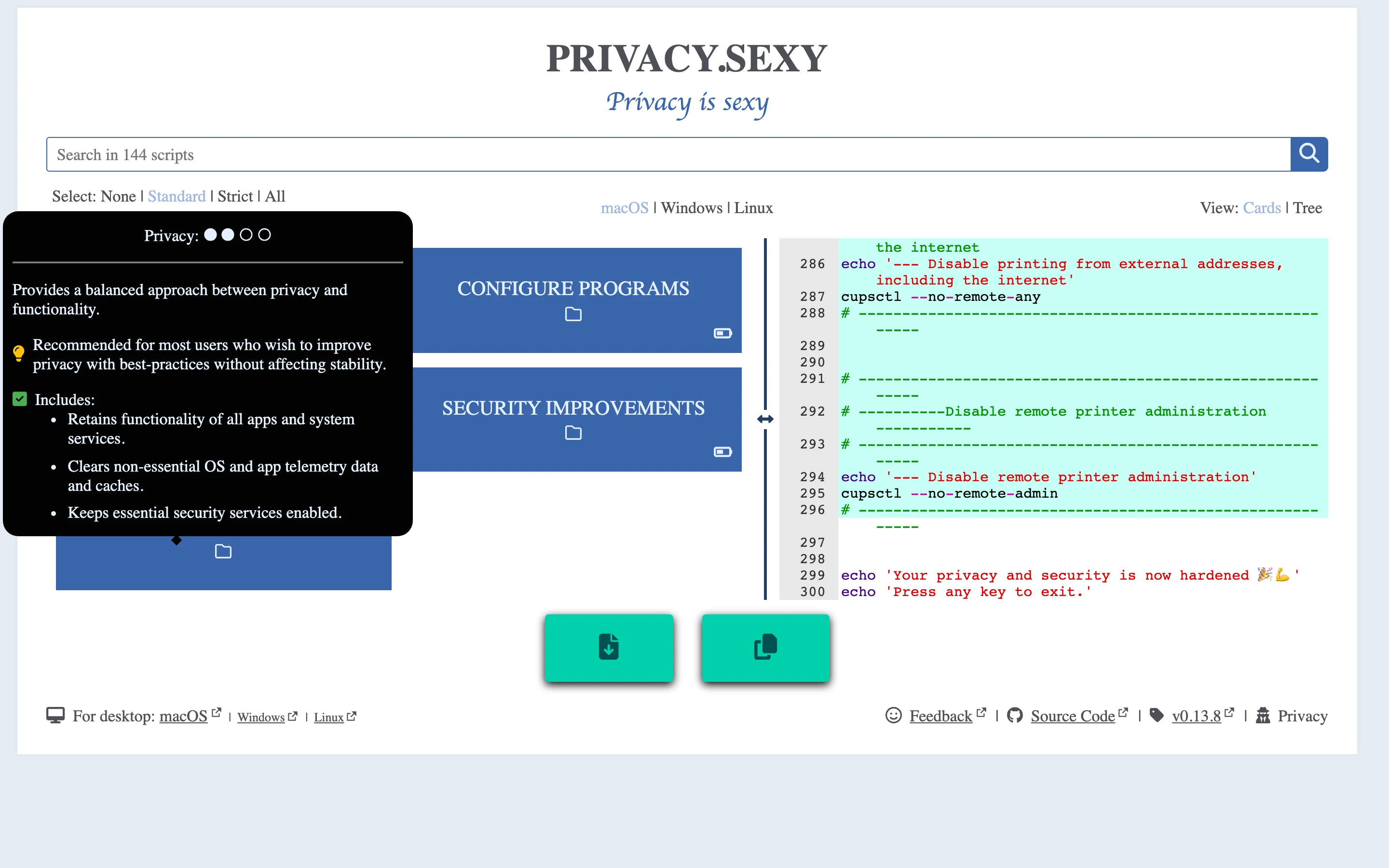 Privacy Sexy 開源隱私工具:920 項調整在瀏覽器本機生成腳本 3 privacy.sexy 在 macOS 套用 Standard 預設後生成的 zsh 腳本畫面