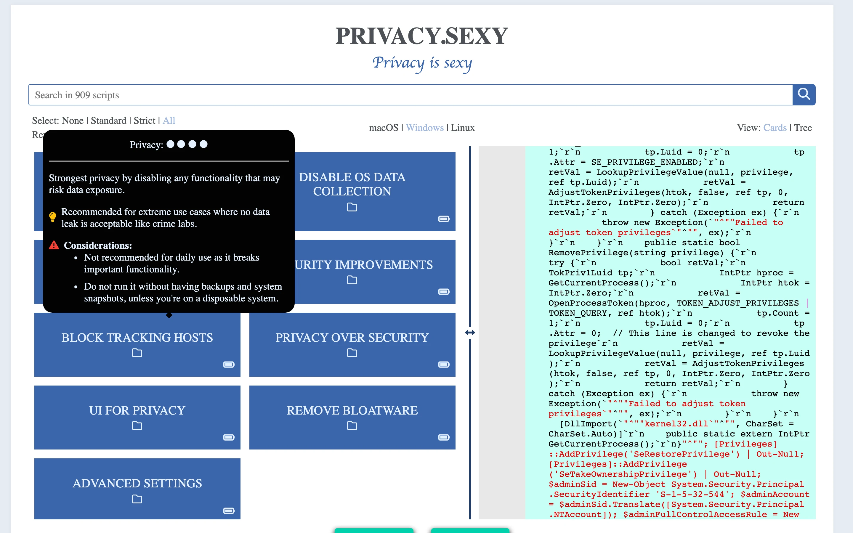 Privacy Sexy 開源隱私工具:920 項調整在瀏覽器本機生成腳本 4 privacy.sexy Windows 頁籤按下 All 預設時跳出的官方警告文件視窗